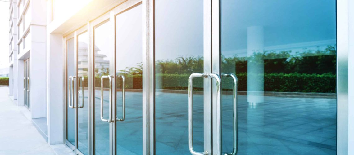 Glass doors of modern office building