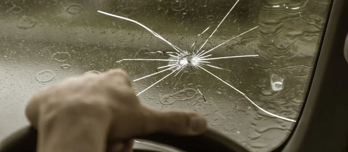 Broken windshield of a car. A web of radial splits, cracks on the triplex windshield. Broken car windshield, damaged glass with traces of oncoming stone on road or from bullet trace in car glass