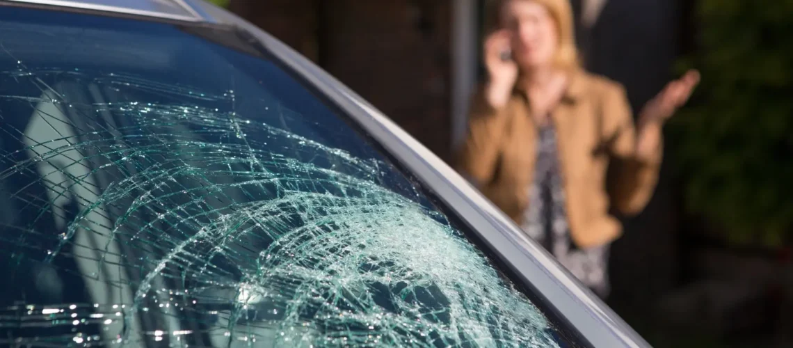 Woman Phoning For Help After Car Windshield Has Broken