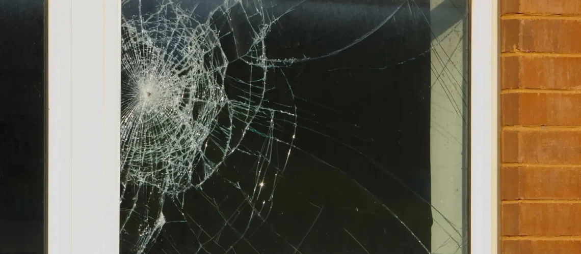 Crime scene - close up of a broken window.